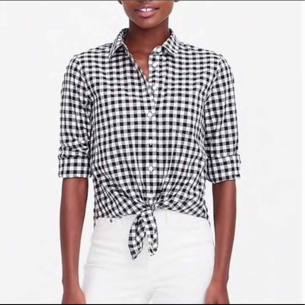 J. Crew black & white gingham tie front button down shirt, size XXS